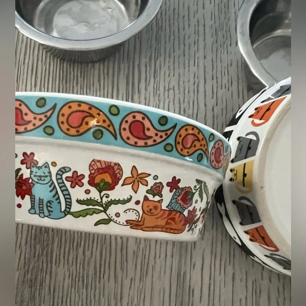 Stoneware Set of Four Pet Bowls with Fun Designs
